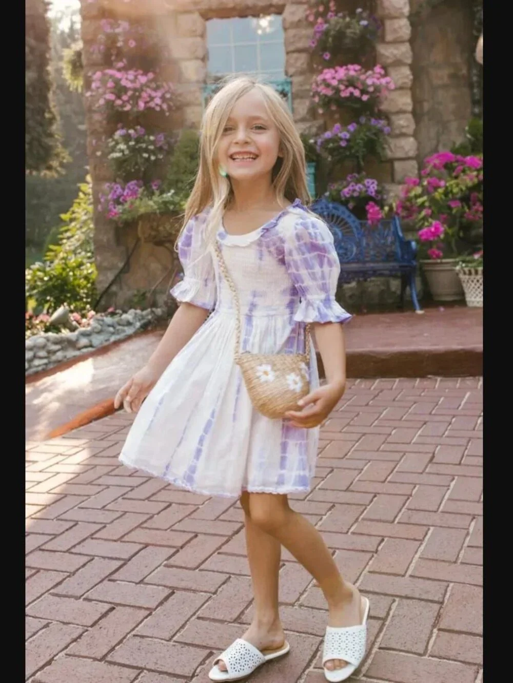 Girls Ivy City Jasmine Lavender Tie-Dye Smocked Puff Sleeve Dress 100% Cotton